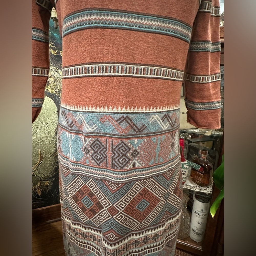 Peruvian Connection Geometric Knit Maxi Dress Medium Rust Blue Southwestern Boho - Picture 6 of 7